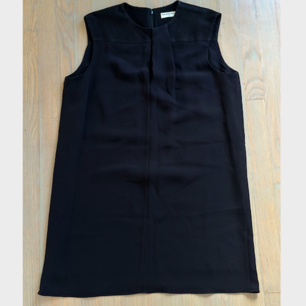 Vintage Balenciaga Silk Sleeveless Shift Mini Dress in Black Size 12